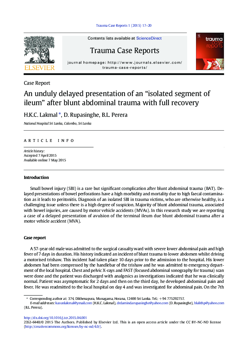 عکس صفحه اول مقاله: An unduly delayed presentation of an “isolated segment of ileum” after blunt abdominal trauma with full recovery An unduly delayed presentation of an “isolated segment of ileum” after blunt abdominal trauma with full recovery