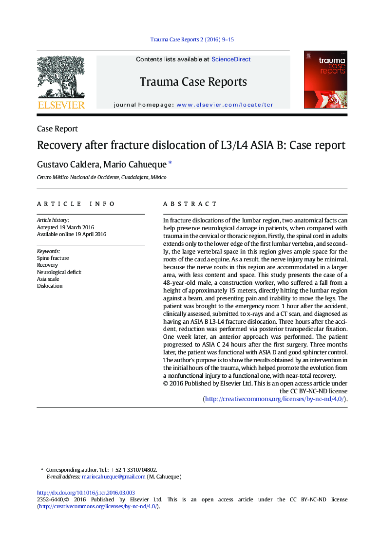 Recovery after fracture dislocation of L3/L4 ASIA B: Case report