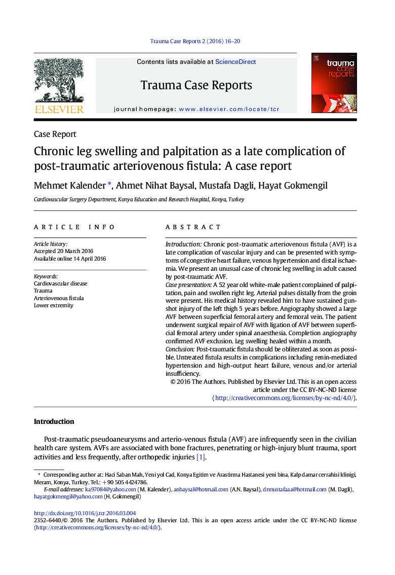 Chronic leg swelling and palpitation as a late complication of post-traumatic arteriovenous fistula: A case report