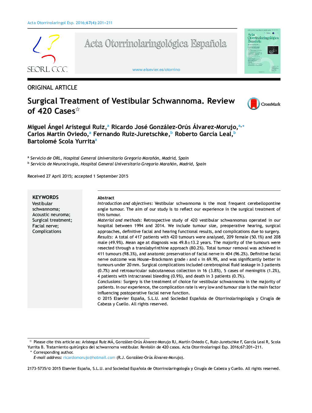 Surgical Treatment of Vestibular Schwannoma. Review of 420 Cases 