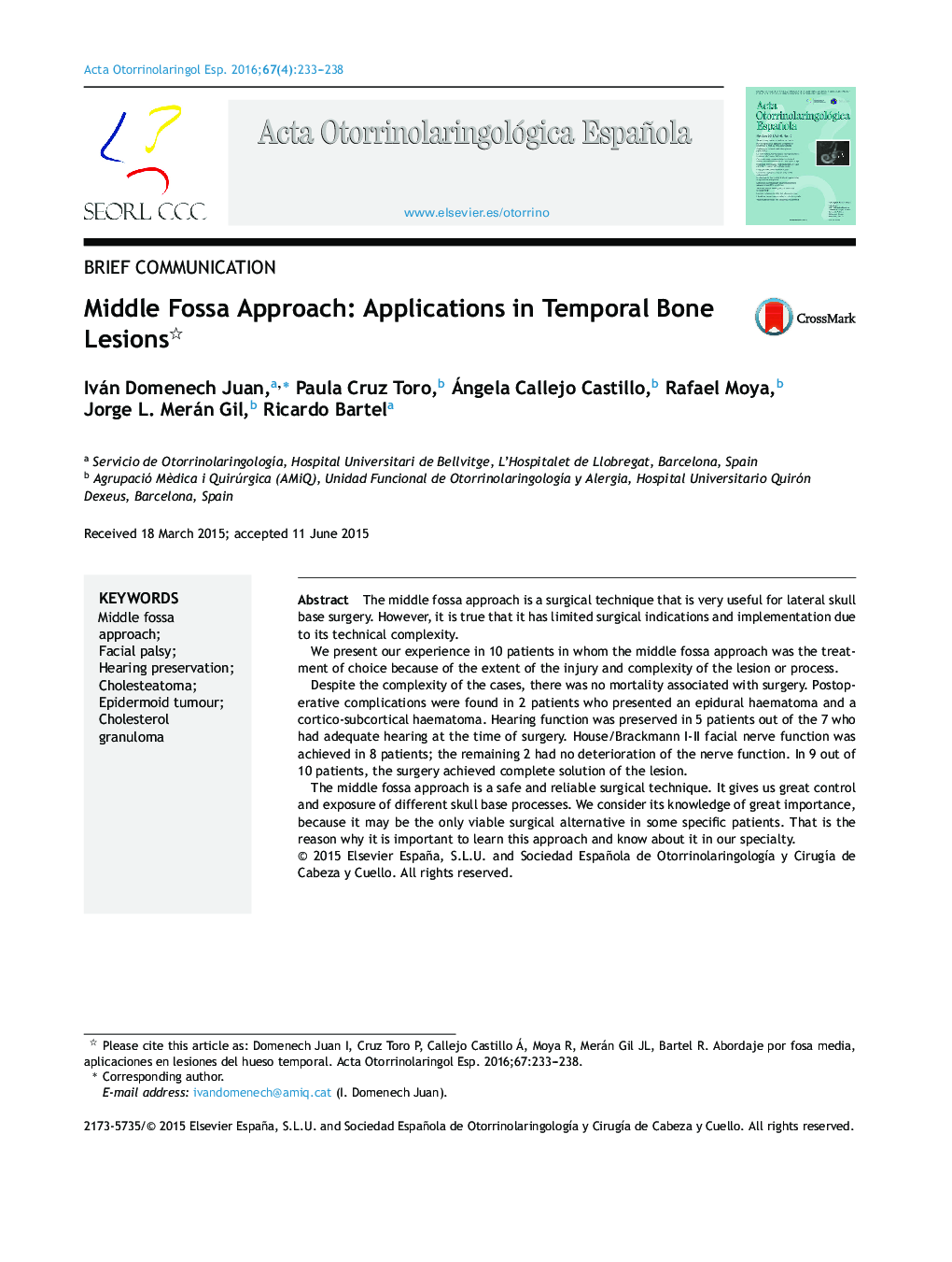 Middle Fossa Approach: Applications in Temporal Bone Lesions 