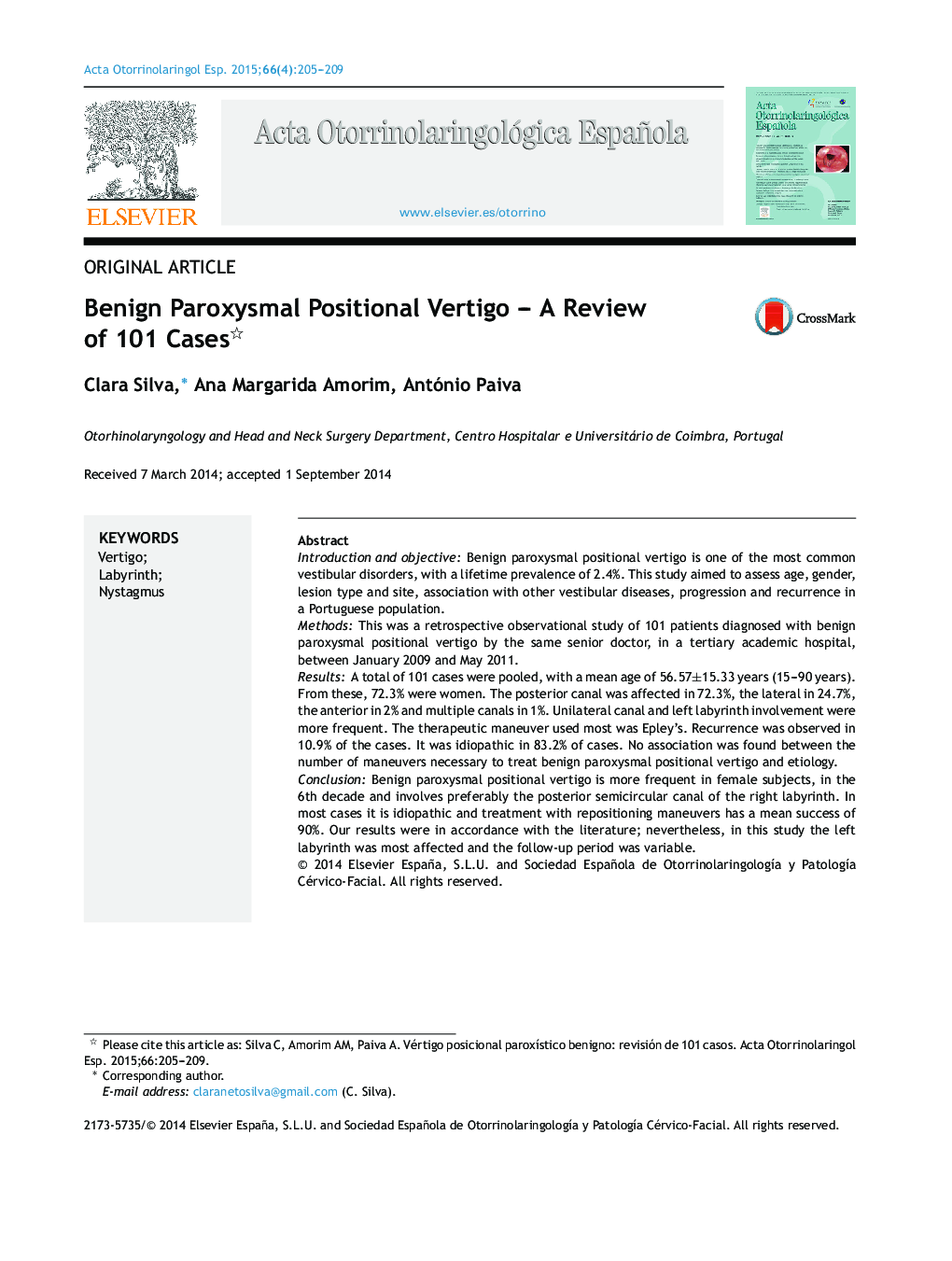 Benign Paroxysmal Positional Vertigo – A Review of 101 Cases 