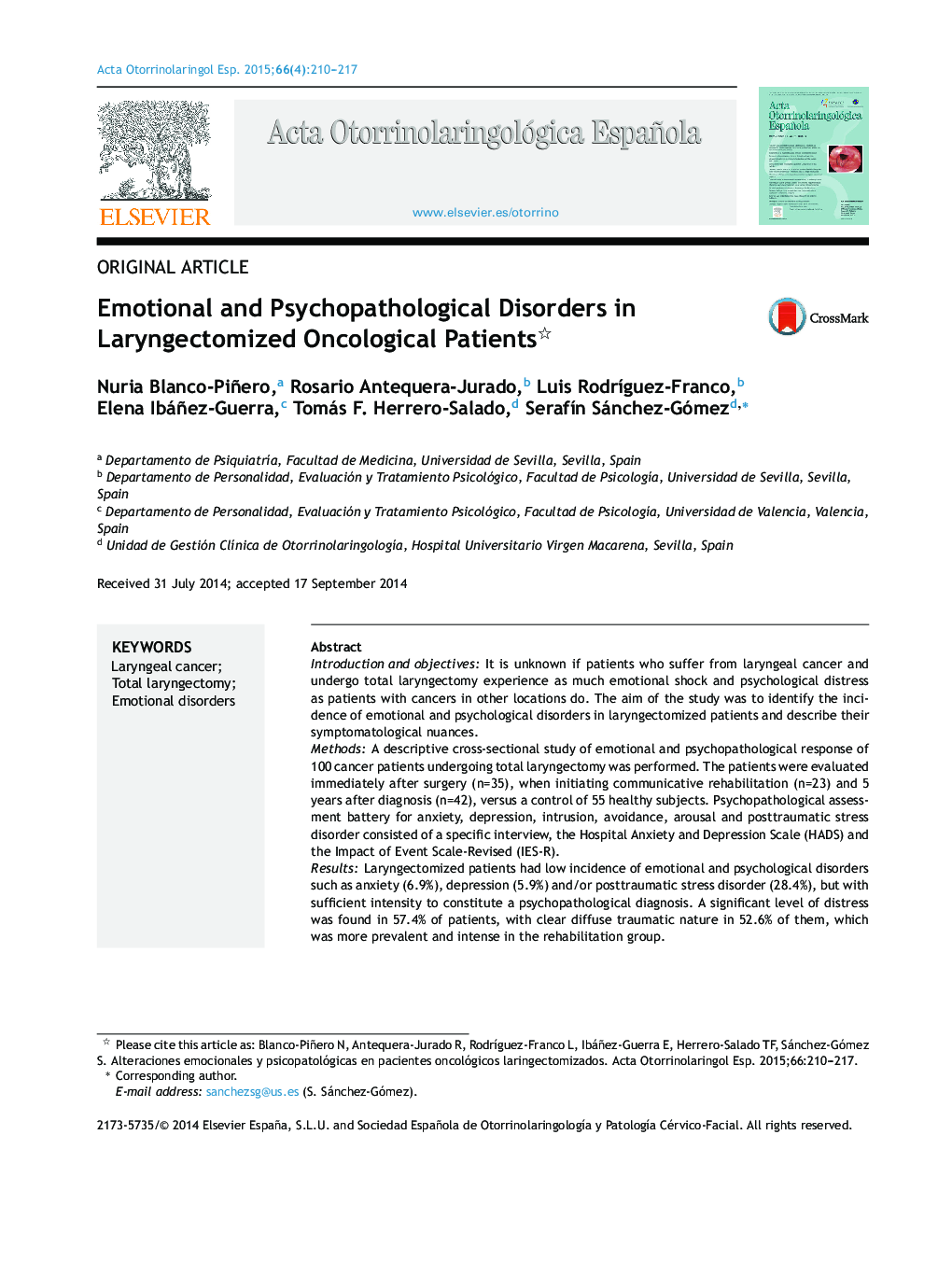 Emotional and Psychopathological Disorders in Laryngectomized Oncological Patients 