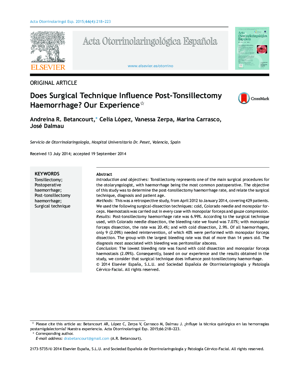 Does Surgical Technique Influence Post-Tonsillectomy Haemorrhage? Our Experience 