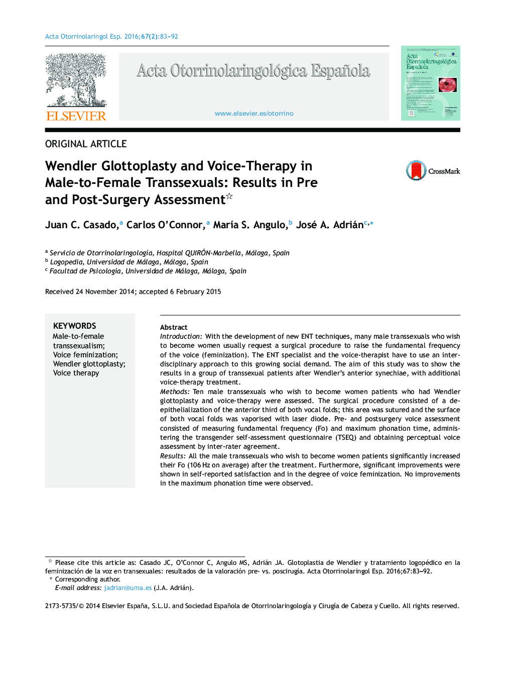 Wendler Glottoplasty and Voice-Therapy in Male-to-Female Transsexuals: Results in Pre and Post-Surgery Assessment 