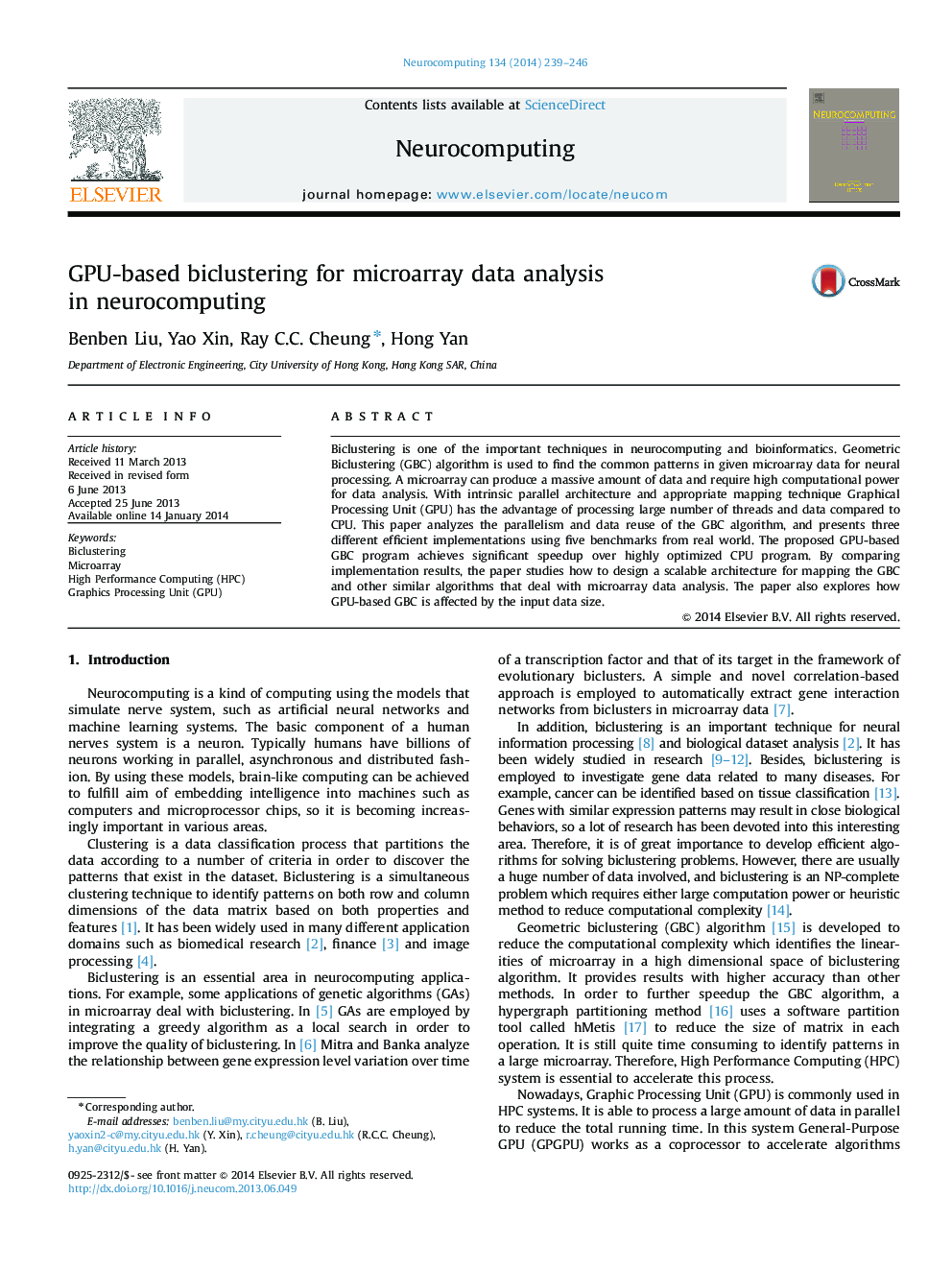 GPU-based biclustering for microarray data analysis in neurocomputing