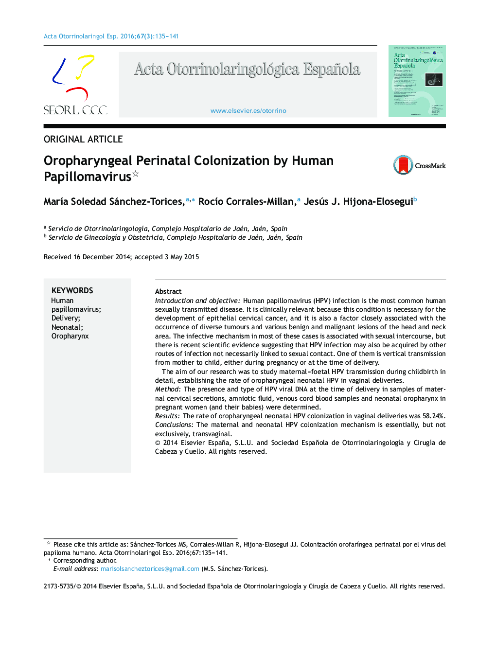 Oropharyngeal Perinatal Colonization by Human Papillomavirus 