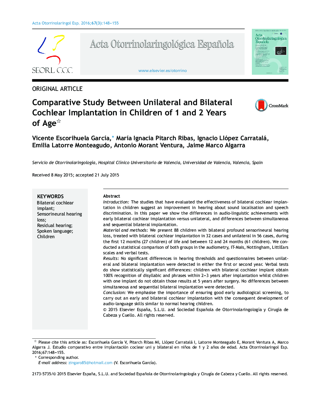 Comparative Study Between Unilateral and Bilateral Cochlear Implantation in Children of 1 and 2 Years of Age 