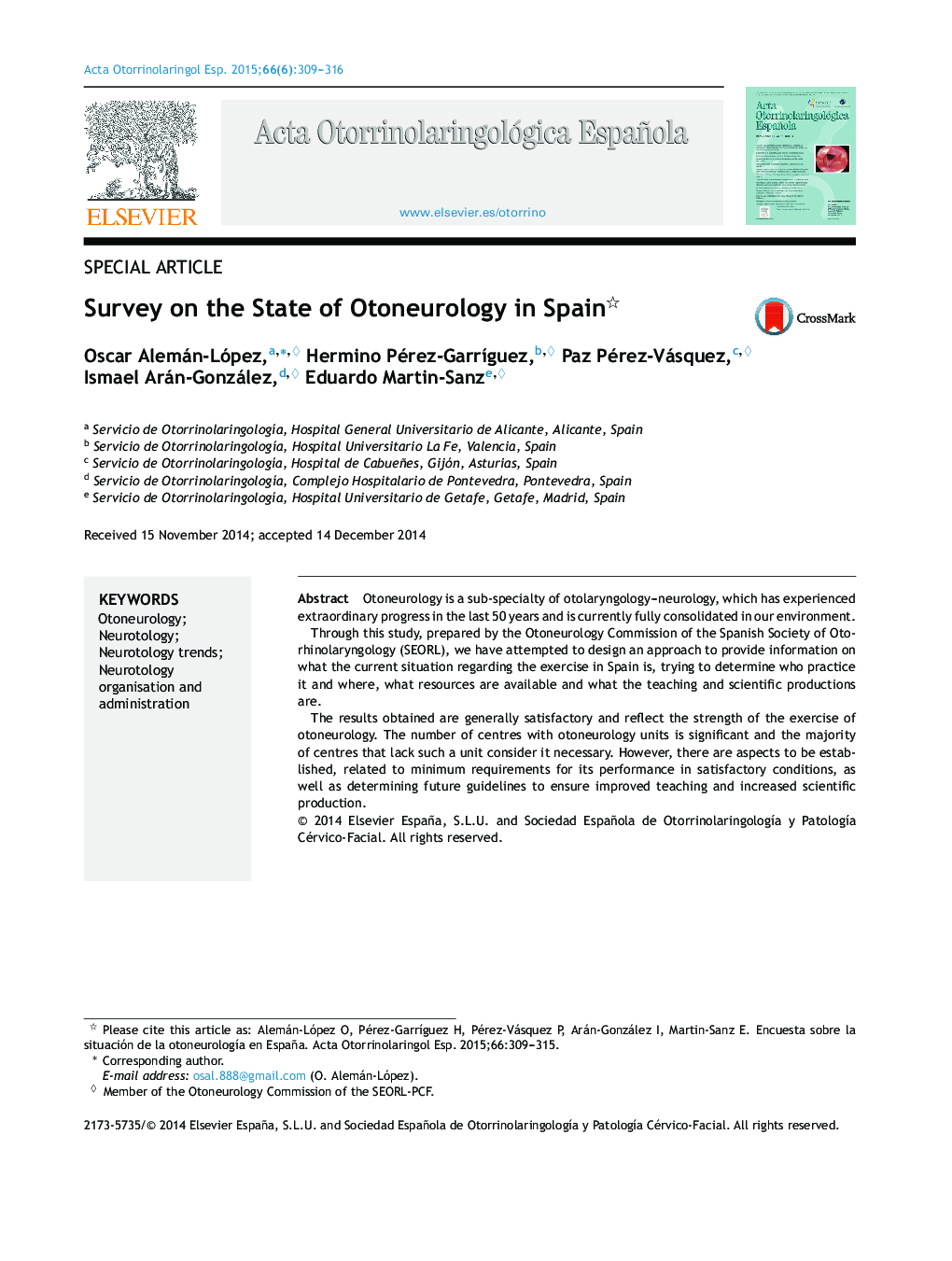 Survey on the State of Otoneurology in Spain 