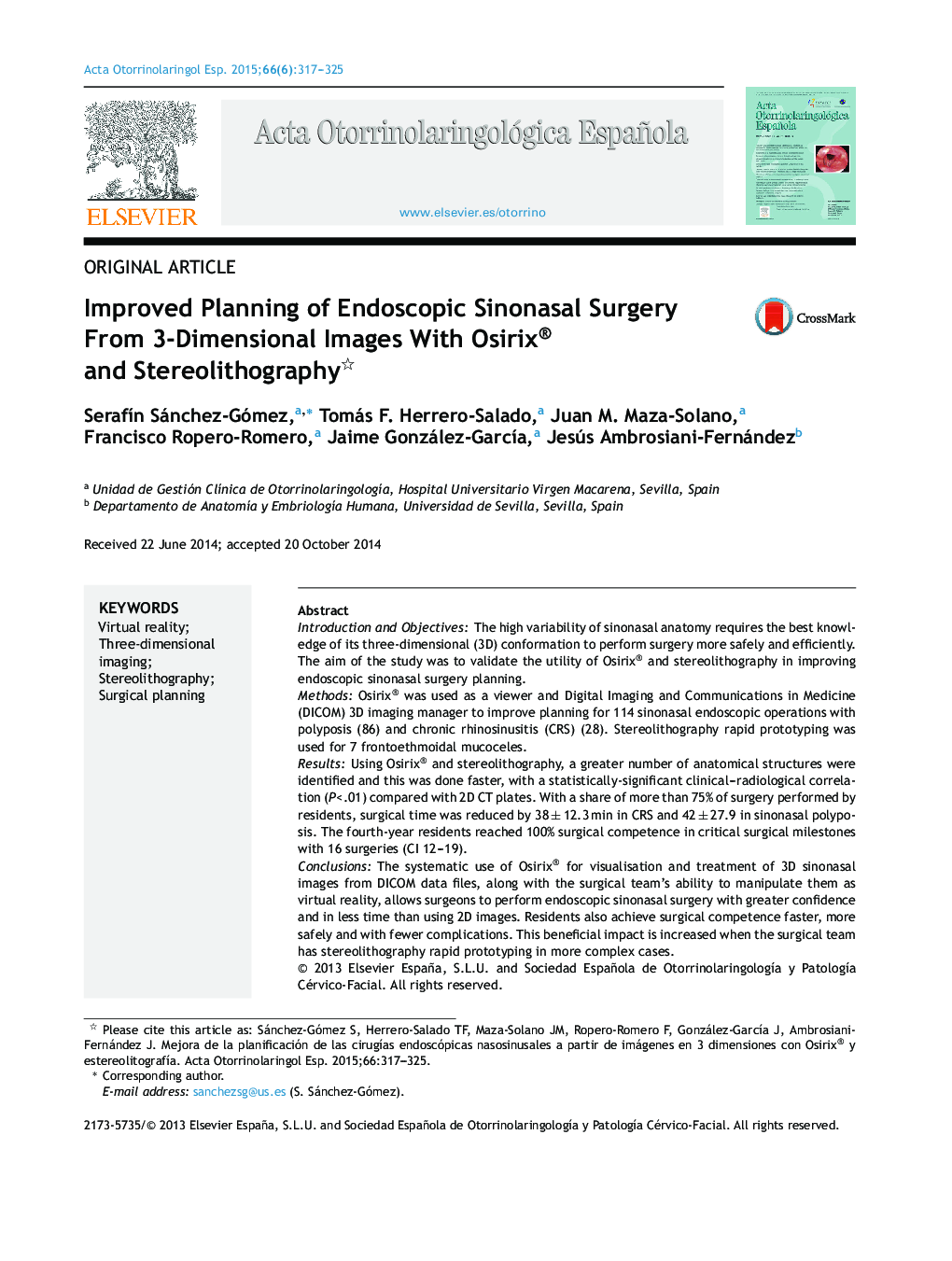 Improved Planning of Endoscopic Sinonasal Surgery From 3-Dimensional Images With Osirix® and Stereolithography 