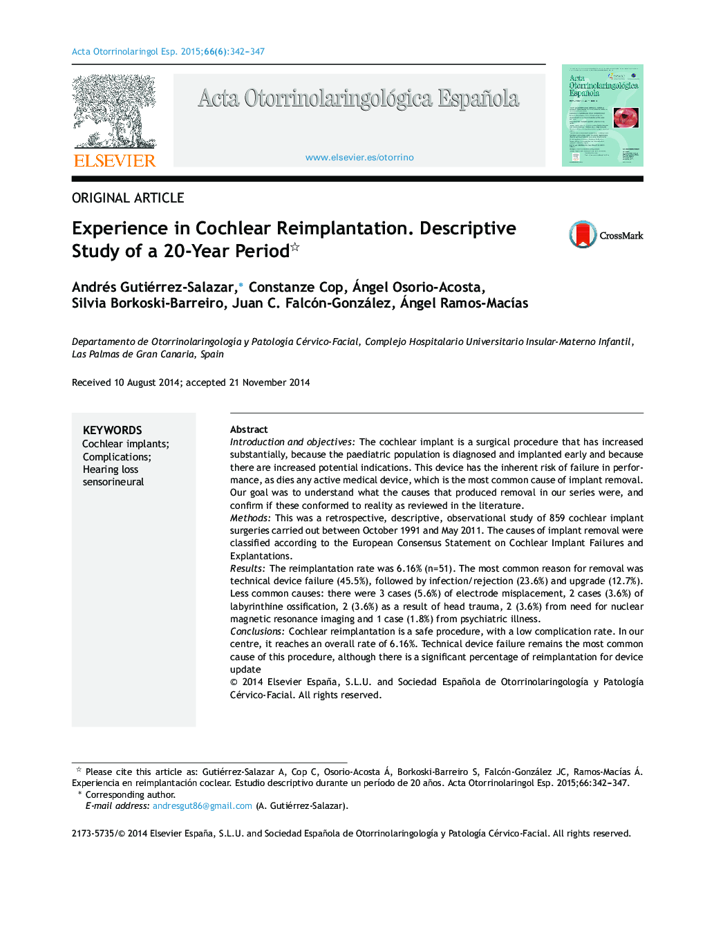 Experience in Cochlear Reimplantation. Descriptive Study of a 20-Year Period 