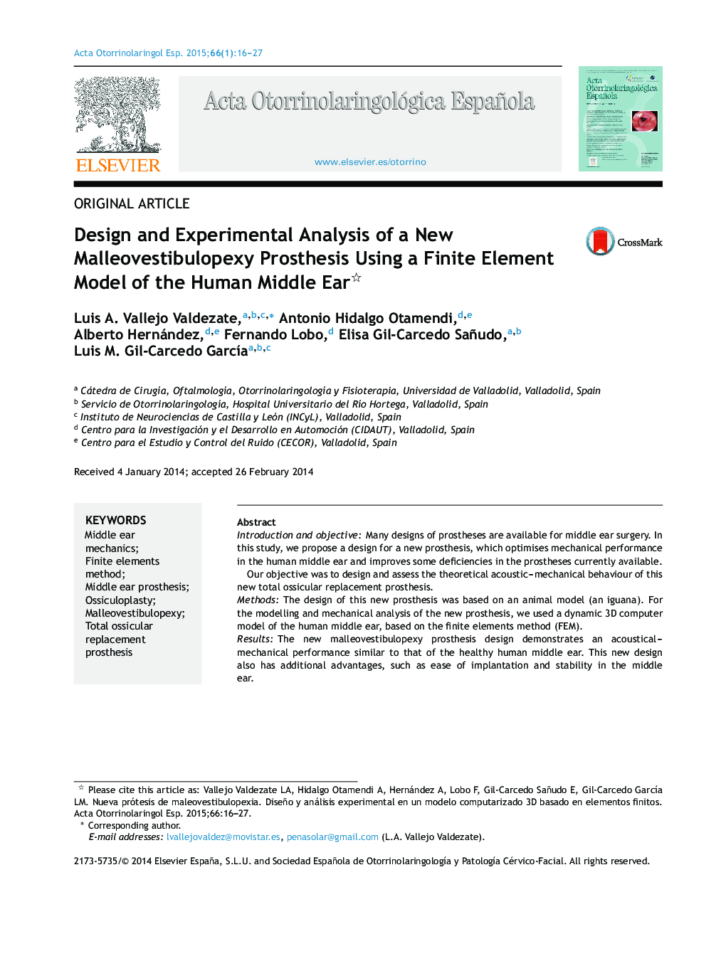 Design and Experimental Analysis of a New Malleovestibulopexy Prosthesis Using a Finite Element Model of the Human Middle Ear 