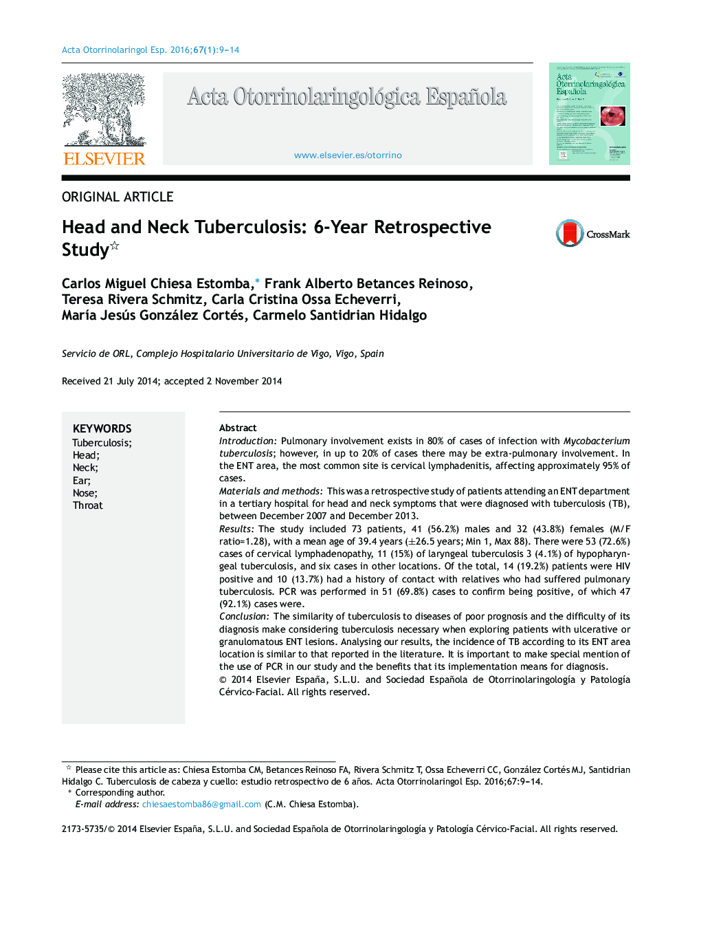 Head and Neck Tuberculosis: 6-Year Retrospective Study 