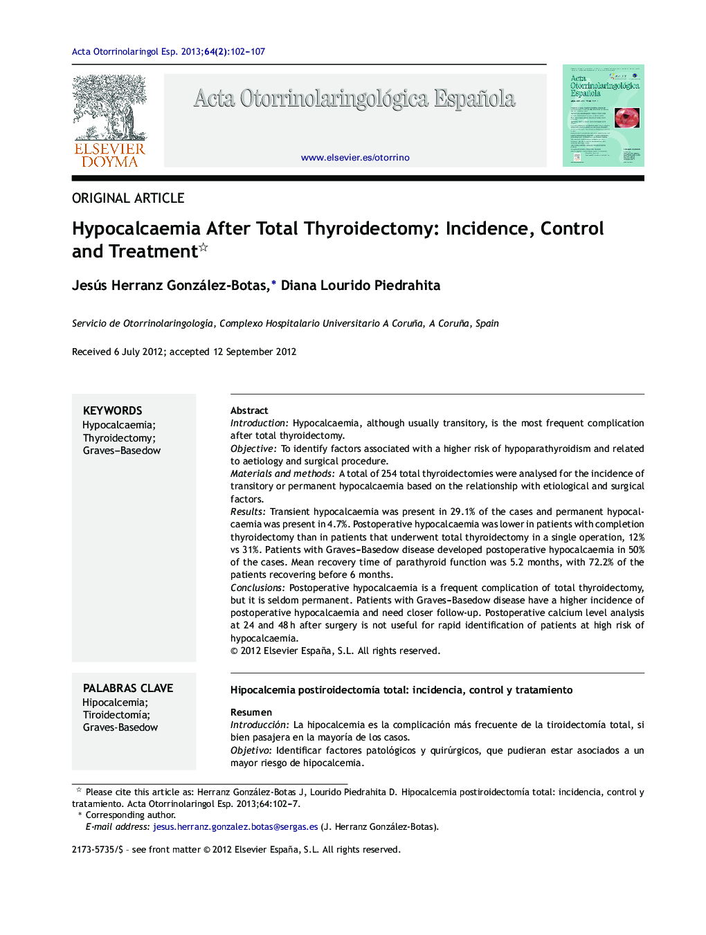 Hypocalcaemia After Total Thyroidectomy: Incidence, Control and Treatment 