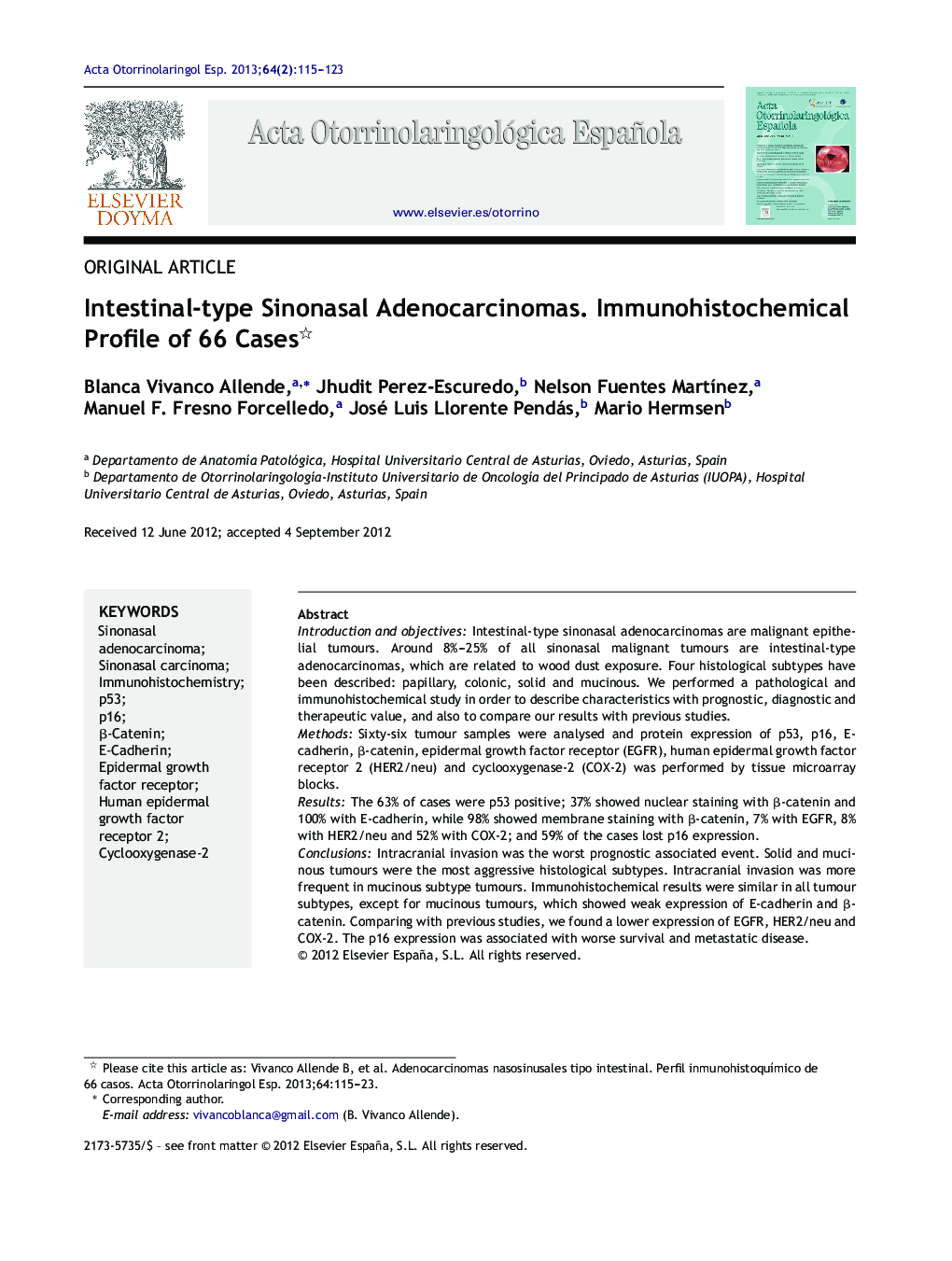 Intestinal-type Sinonasal Adenocarcinomas. Immunohistochemical Profile of 66 Cases 