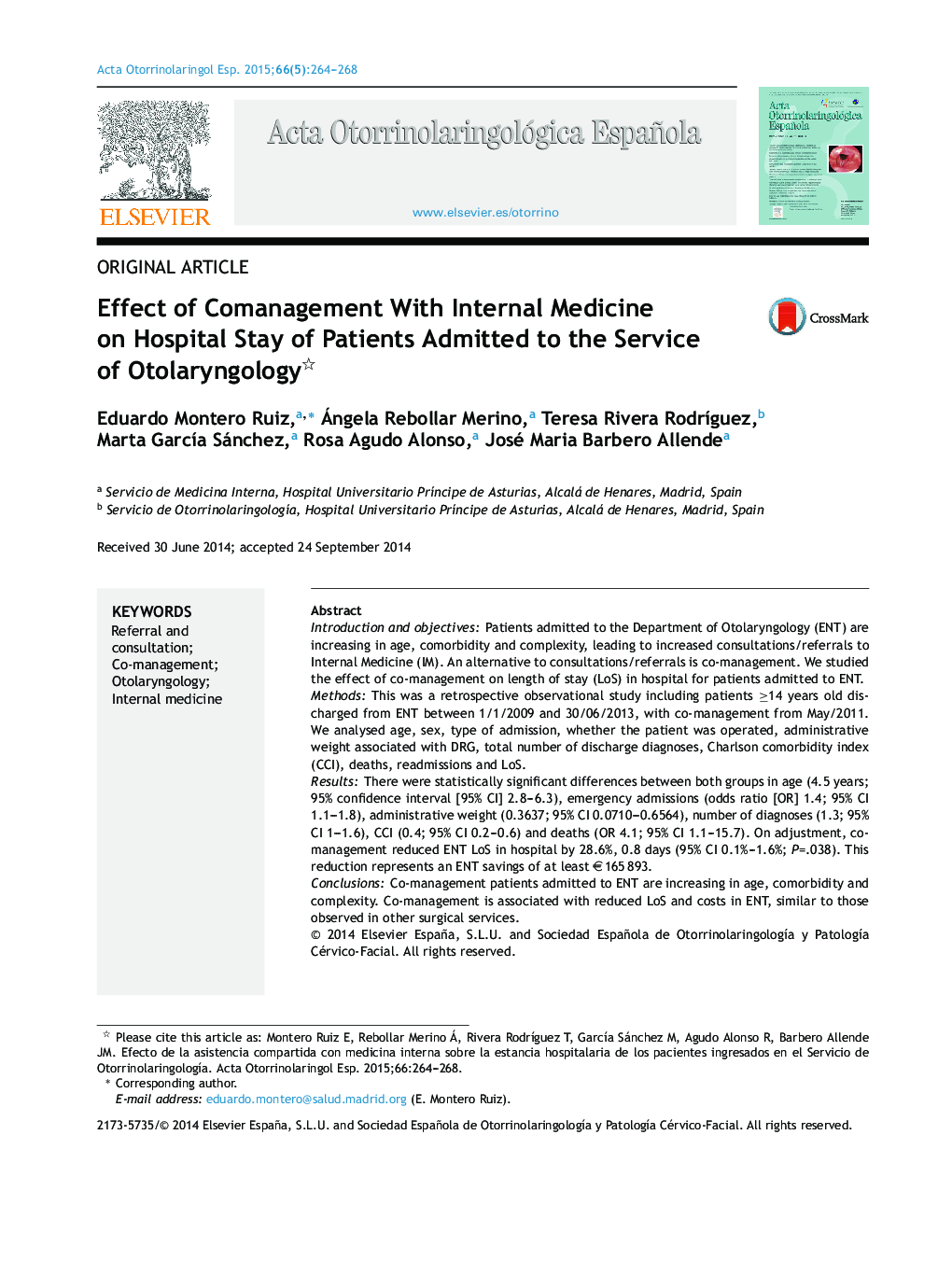 Effect of Comanagement With Internal Medicine on Hospital Stay of Patients Admitted to the Service of Otolaryngology 
