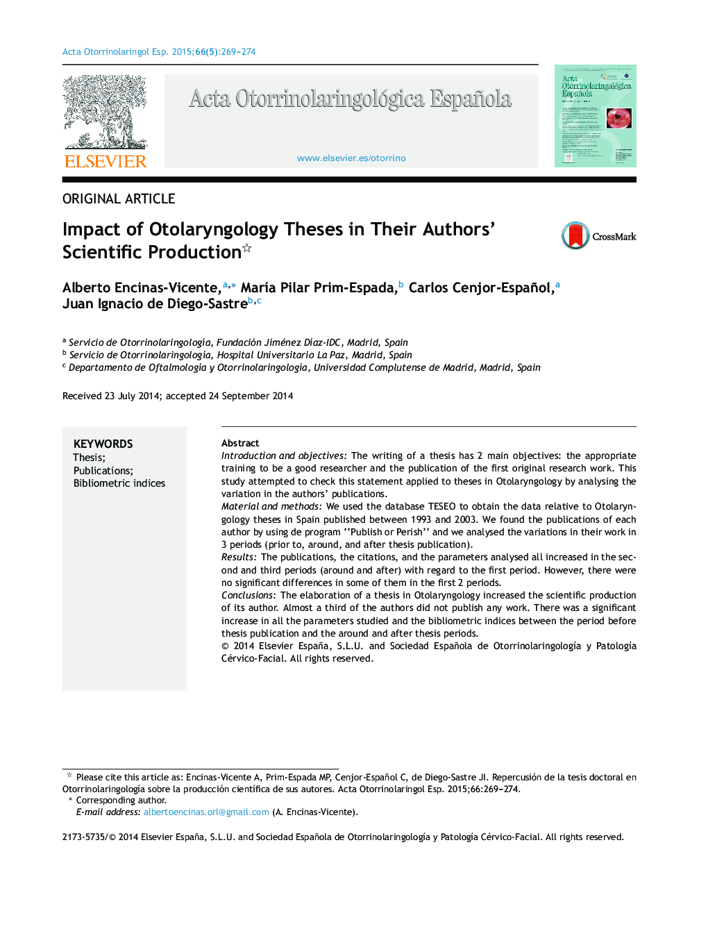 Impact of Otolaryngology Theses in Their Authors’ Scientific Production 