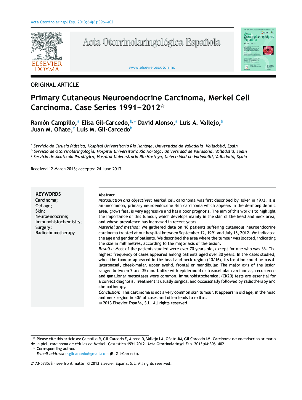 Primary Cutaneous Neuroendocrine Carcinoma, Merkel Cell Carcinoma. Case Series 1991–2012 
