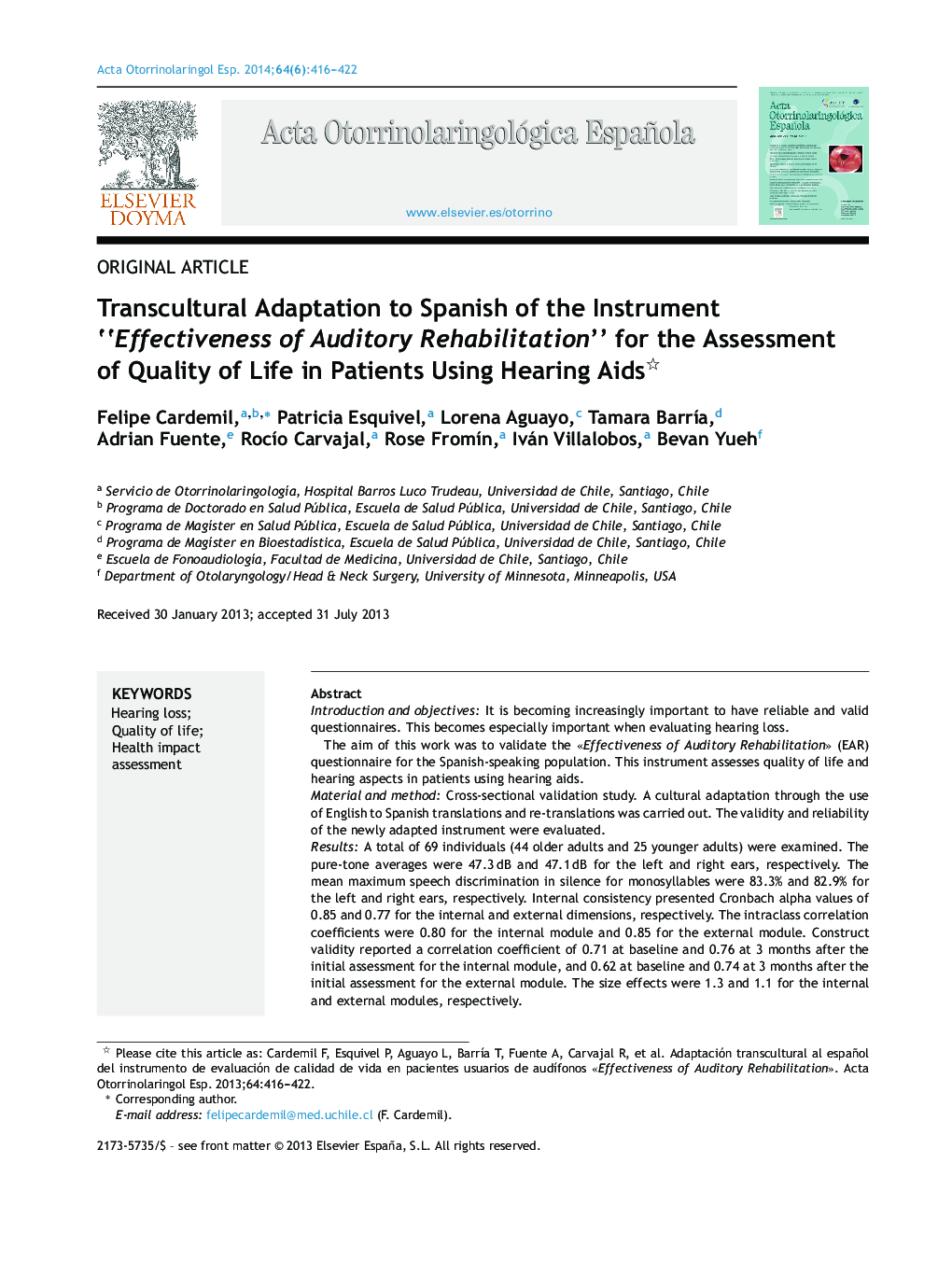 Transcultural Adaptation to Spanish of the Instrument “Effectiveness of Auditory Rehabilitation” for the Assessment of Quality of Life in Patients Using Hearing Aids 