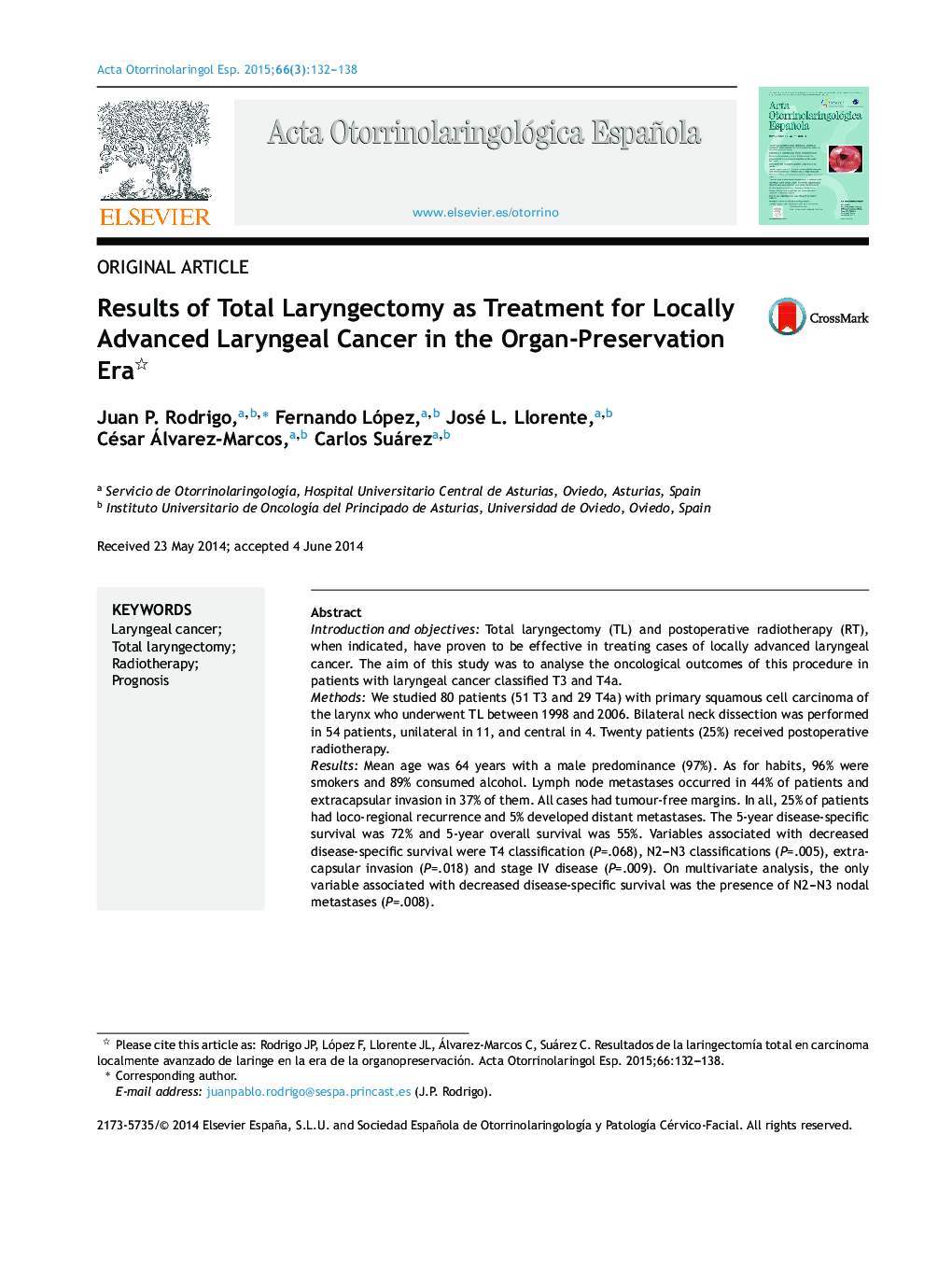 Results of Total Laryngectomy as Treatment for Locally Advanced Laryngeal Cancer in the Organ-Preservation Era 