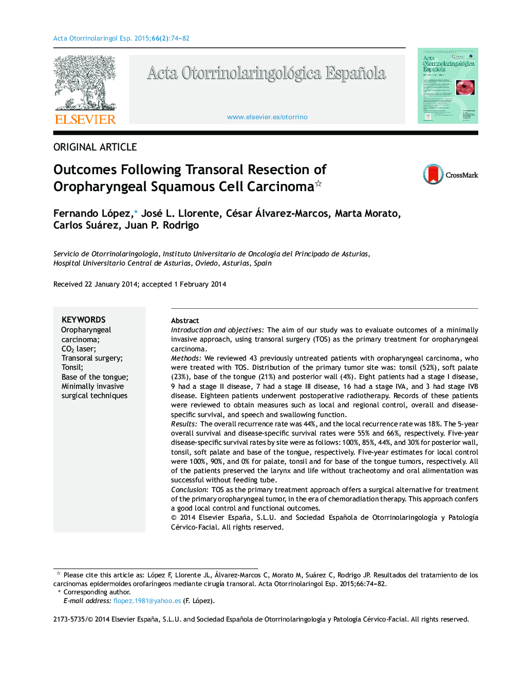 Outcomes Following Transoral Resection of Oropharyngeal Squamous Cell Carcinoma 