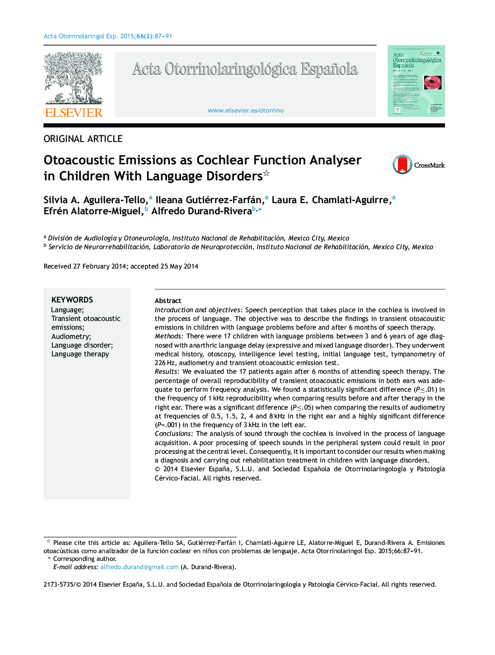 Otoacoustic Emissions as Cochlear Function Analyser in Children With Language Disorders 