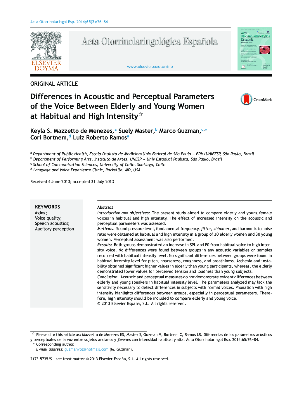 Differences in Acoustic and Perceptual Parameters of the Voice Between Elderly and Young Women at Habitual and High Intensity 