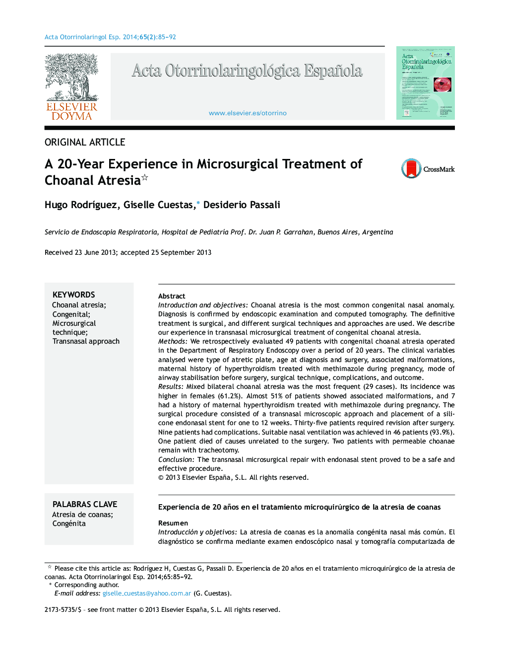 A 20-Year Experience in Microsurgical Treatment of Choanal Atresia 