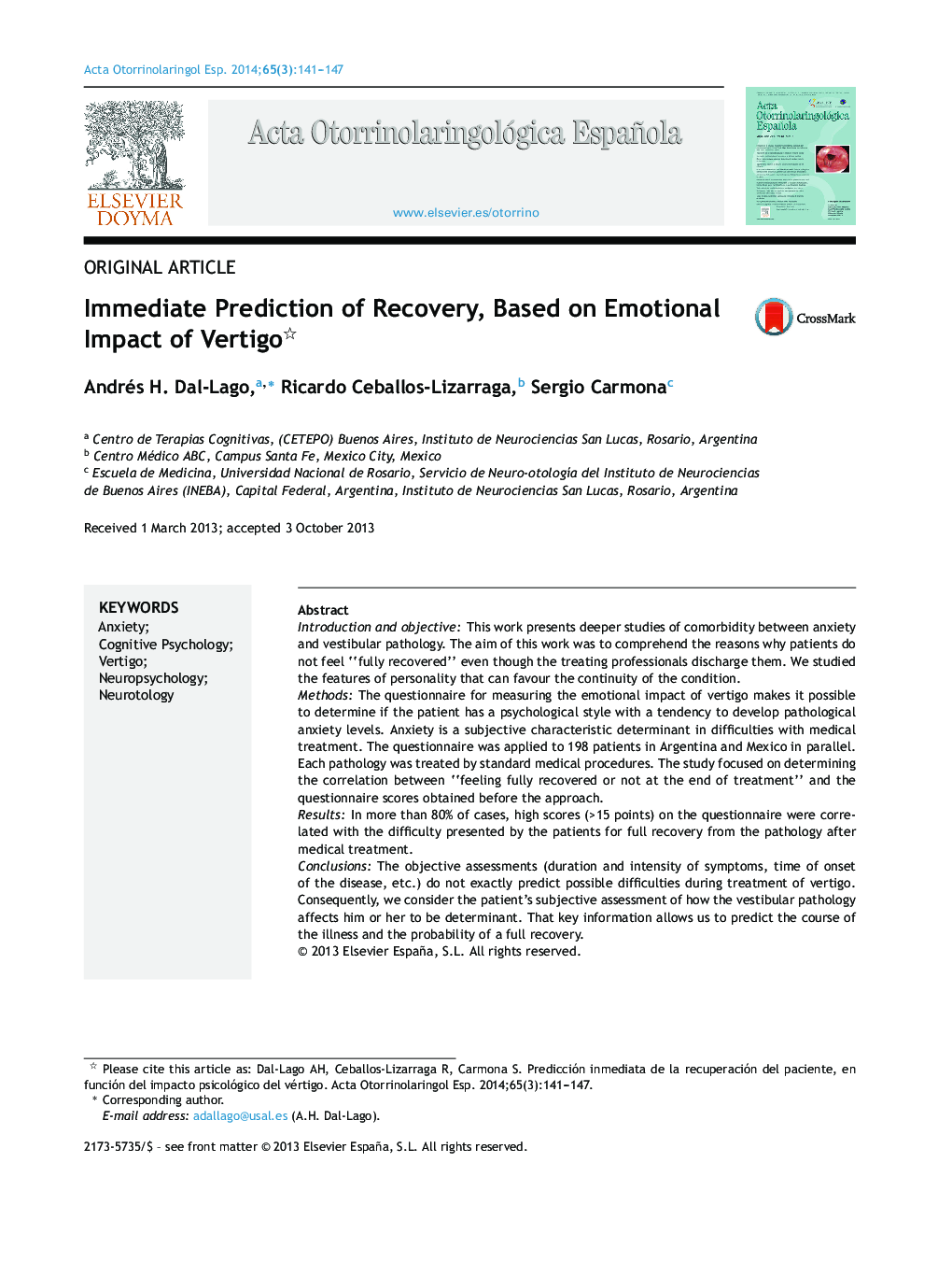 Immediate Prediction of Recovery, Based on Emotional Impact of Vertigo 