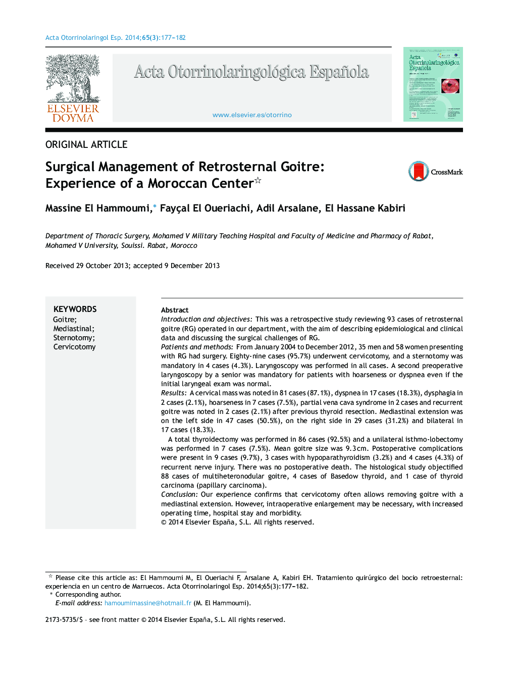 Surgical Management of Retrosternal Goitre: Experience of a Moroccan Center 