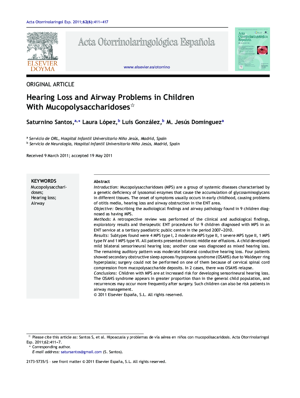 Hearing Loss and Airway Problems in Children With Mucopolysaccharidoses 