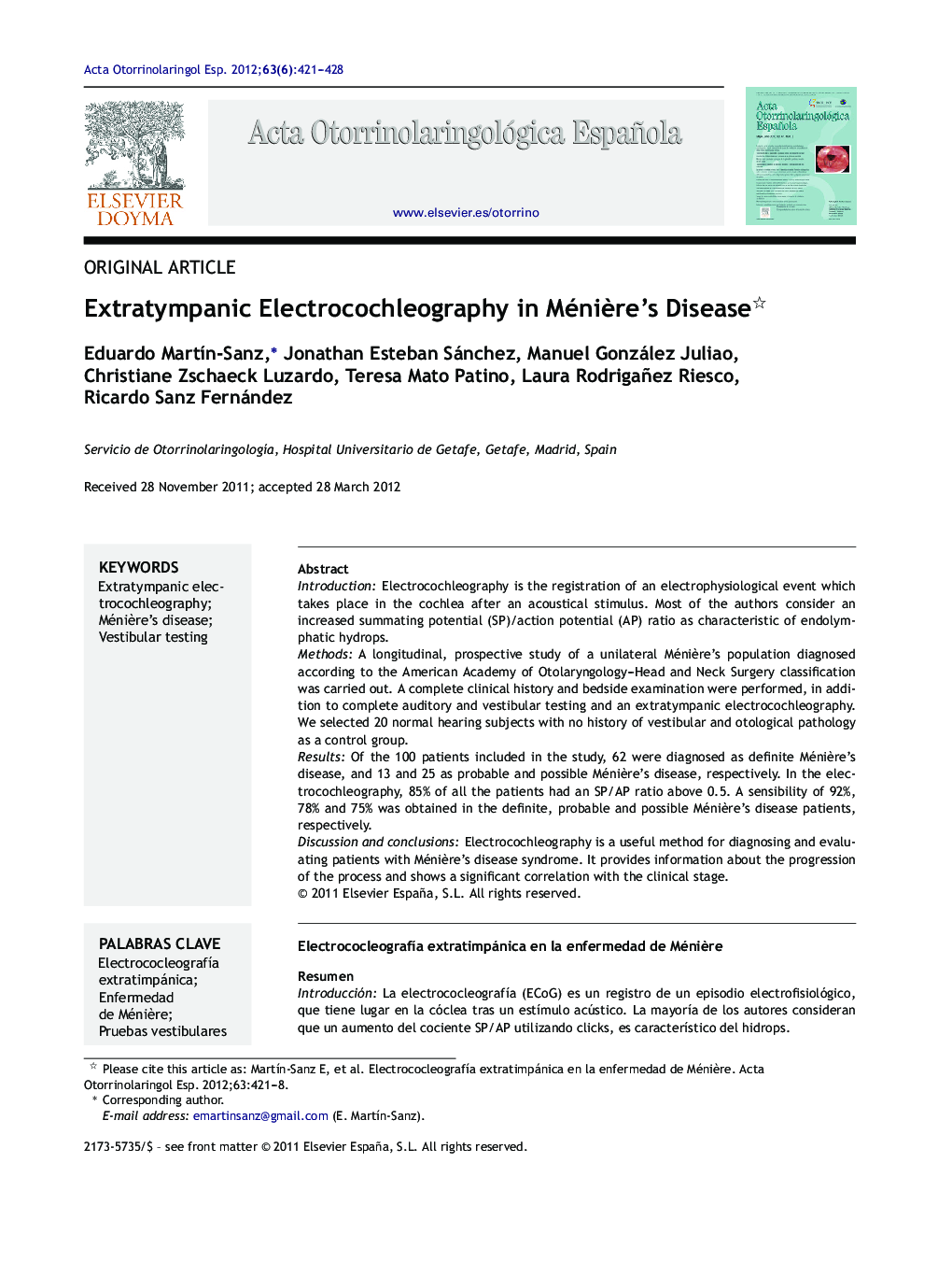 Extratympanic Electrocochleography in Ménière's Disease 