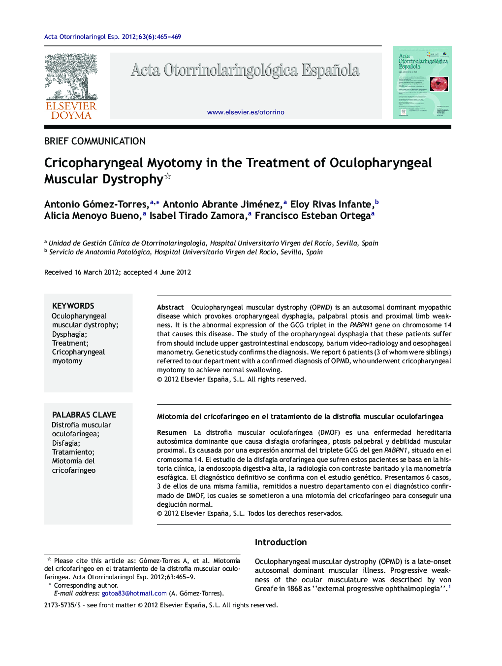 Cricopharyngeal Myotomy in the Treatment of Oculopharyngeal Muscular Dystrophy 