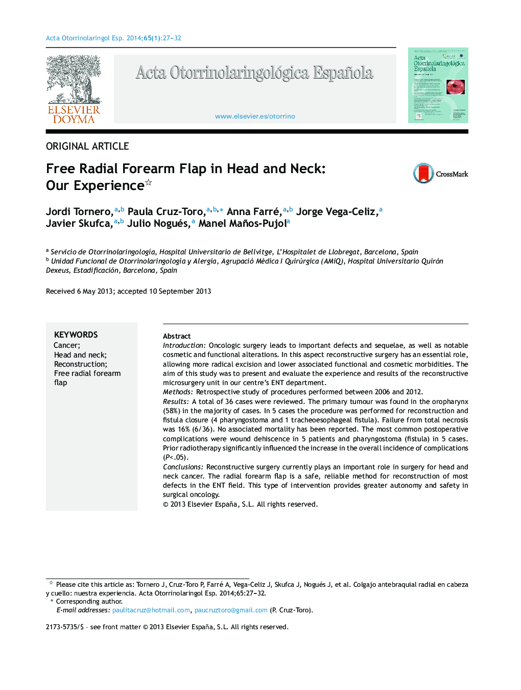 Free Radial Forearm Flap in Head and Neck: Our Experience 