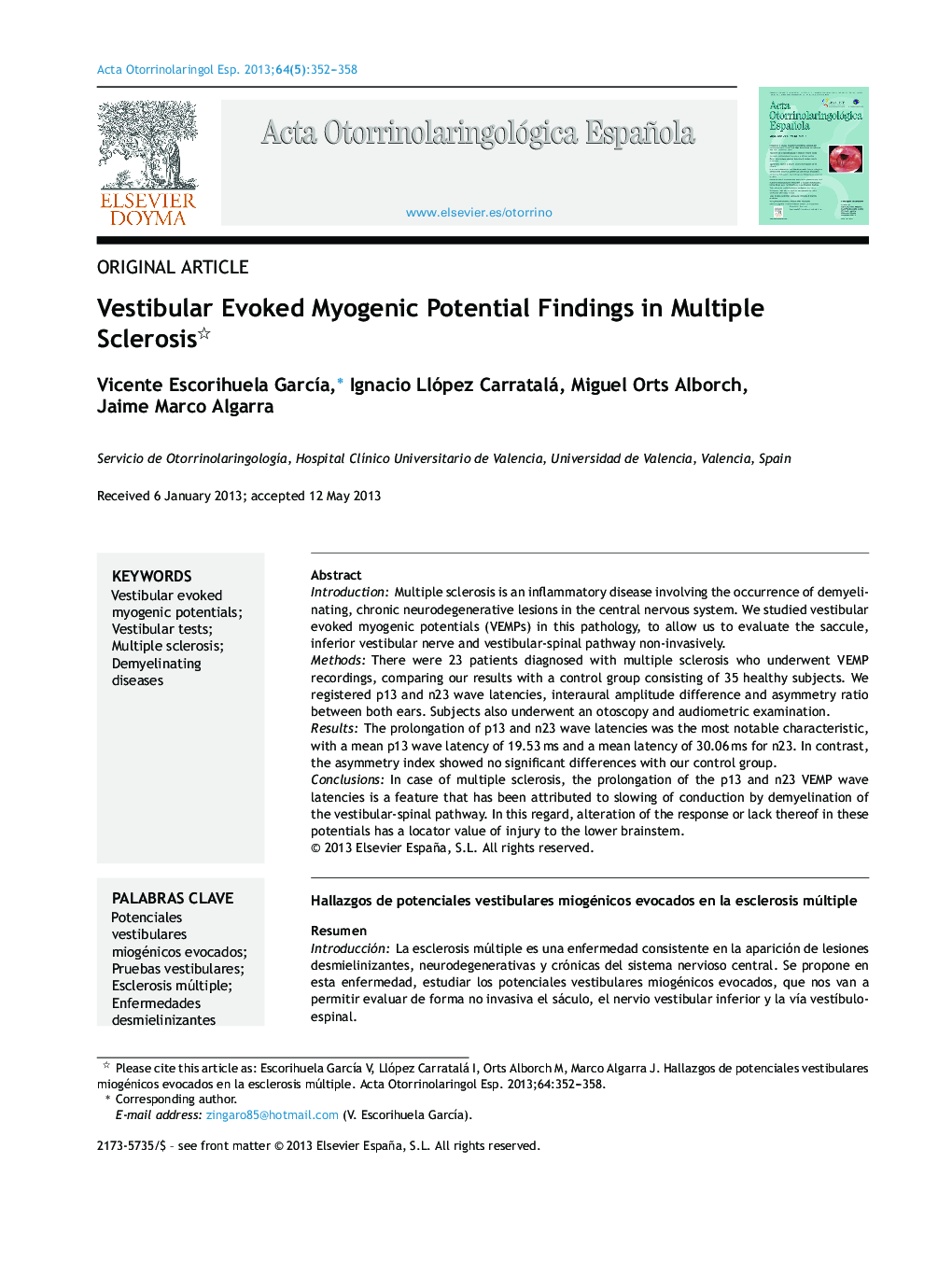 Vestibular Evoked Myogenic Potential Findings in Multiple Sclerosis 