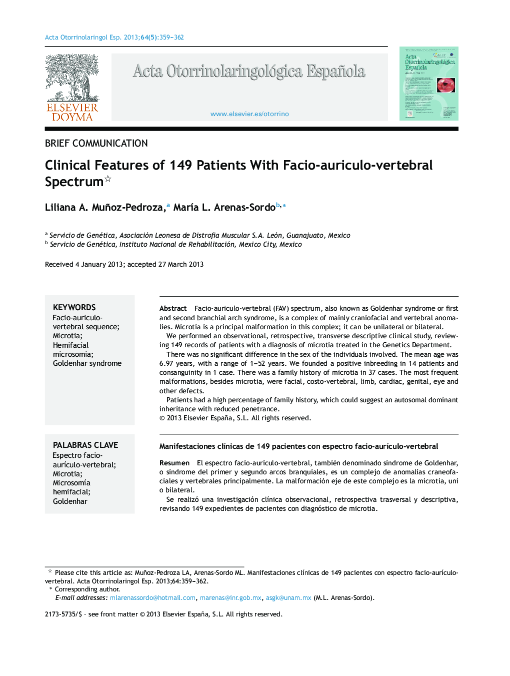 Clinical Features of 149 Patients With Facio-auriculo-vertebral Spectrum 