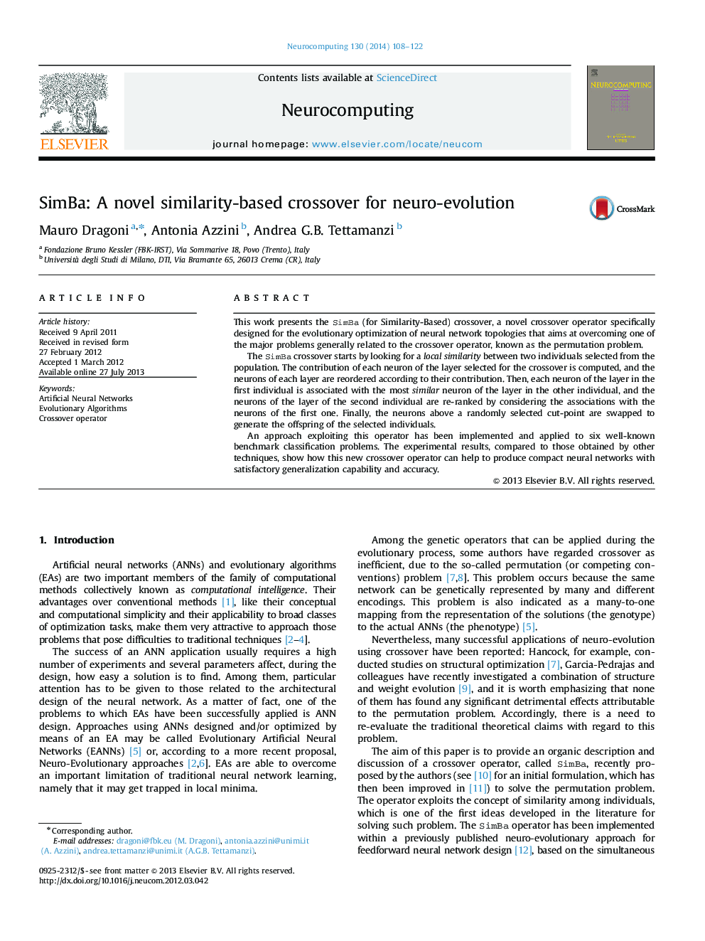 SimBa: A novel similarity-based crossover for neuro-evolution