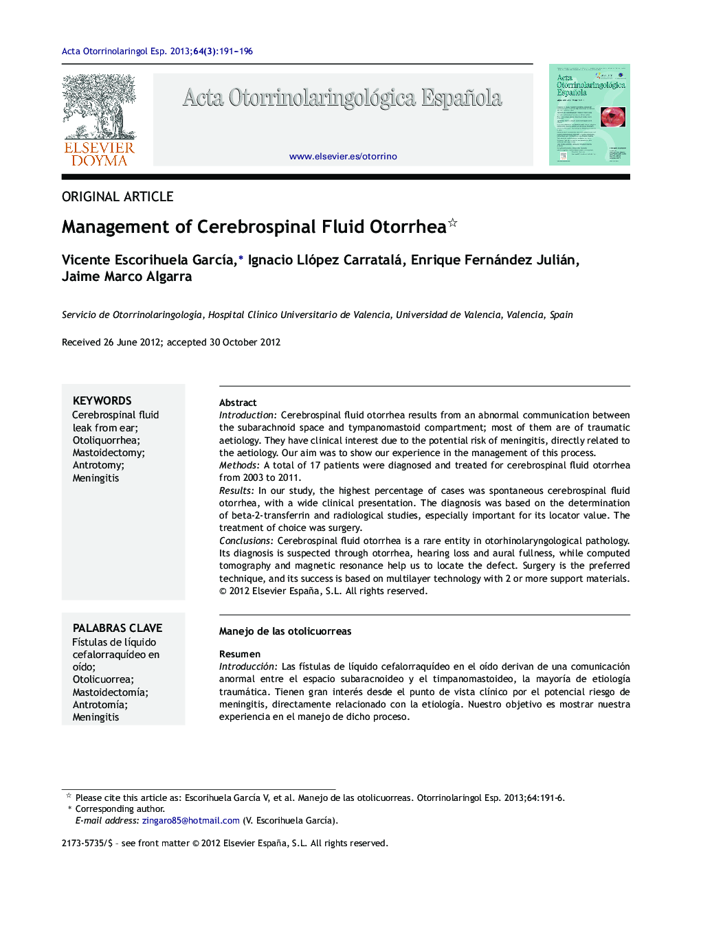 Management of Cerebrospinal Fluid Otorrhea 