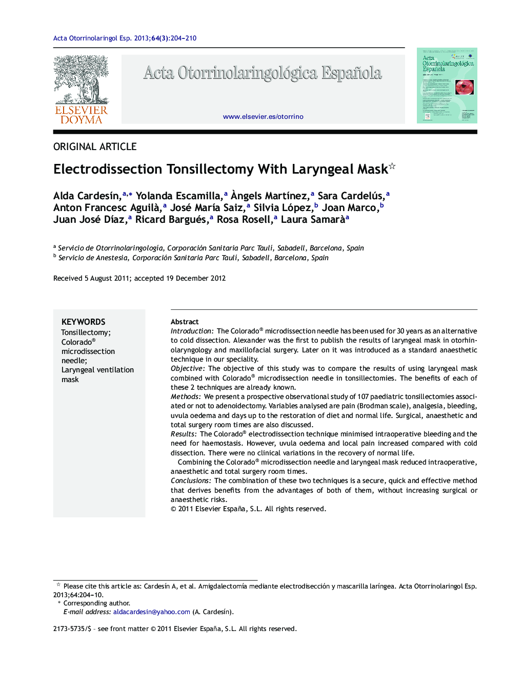 Electrodissection Tonsillectomy With Laryngeal Mask 