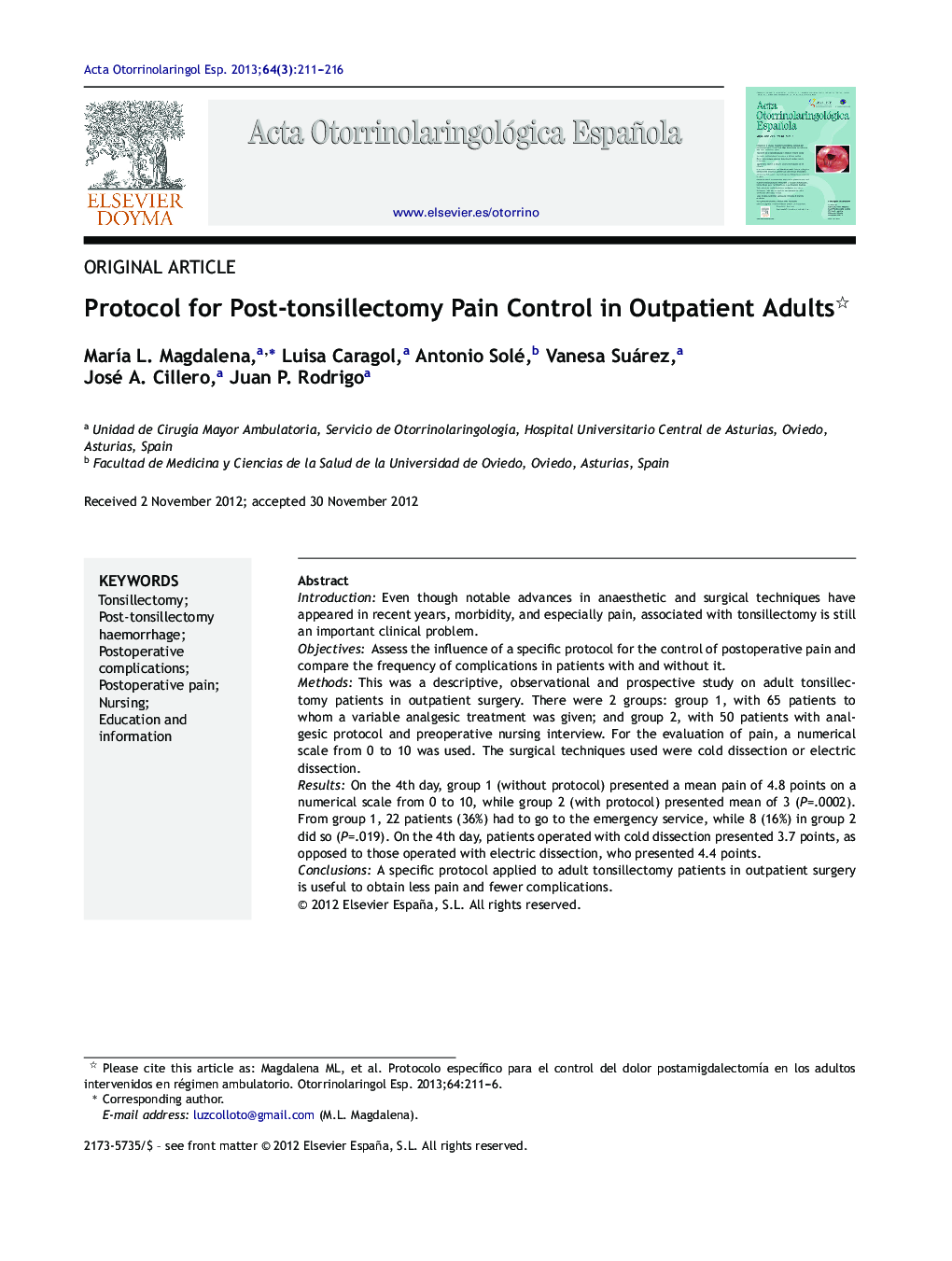 Protocol for Post-tonsillectomy Pain Control in Outpatient Adults