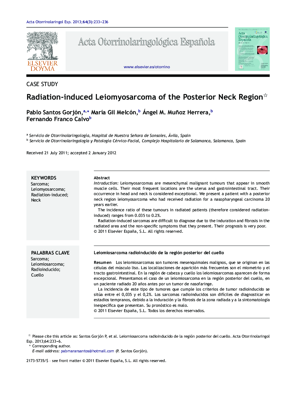 Radiation-induced Leiomyosarcoma of the Posterior Neck Region 