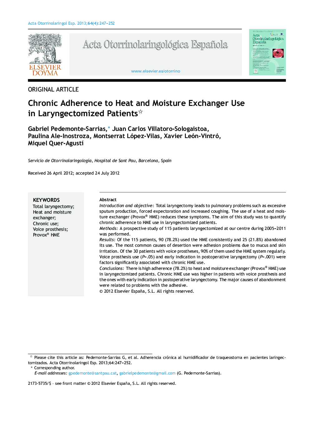 Chronic Adherence to Heat and Moisture Exchanger Use in Laryngectomized Patients 