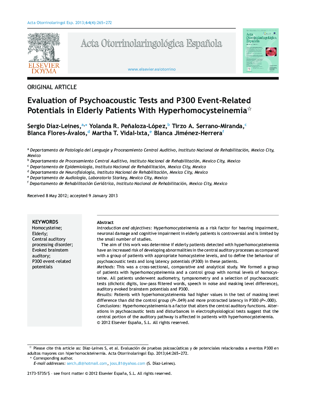 Evaluation of Psychoacoustic Tests and P300 Event-Related Potentials in Elderly Patients With Hyperhomocysteinemia 