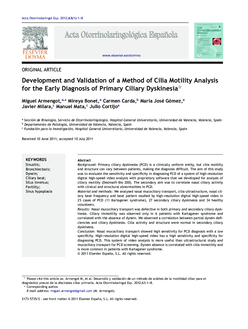 Development and Validation of a Method of Cilia Motility Analysis for the Early Diagnosis of Primary Ciliary Dyskinesia 