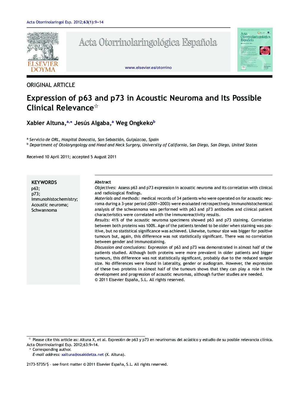 Expression of p63 and p73 in Acoustic Neuroma and Its Possible Clinical Relevance 