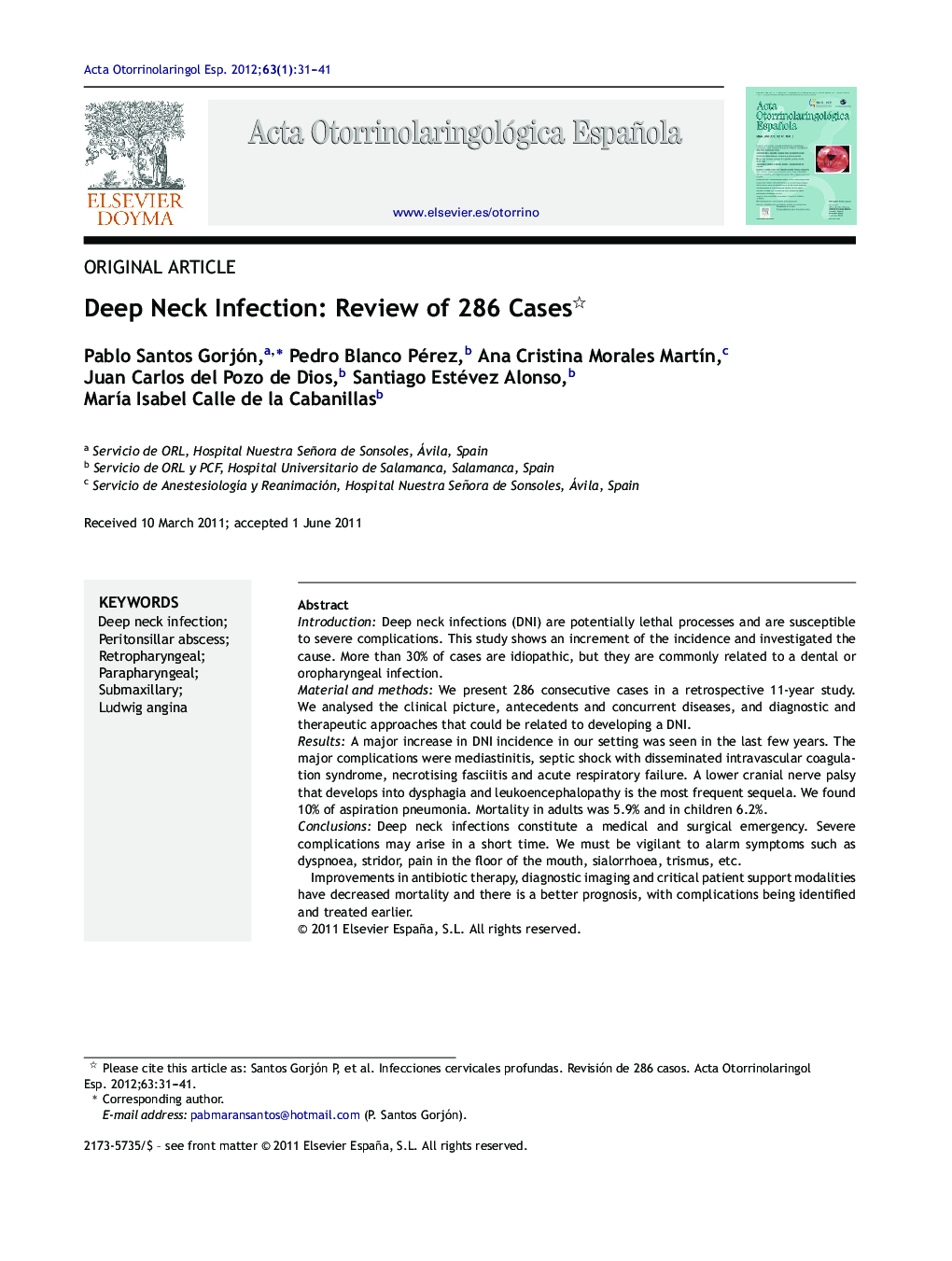 Deep Neck Infection: Review of 286 Cases 