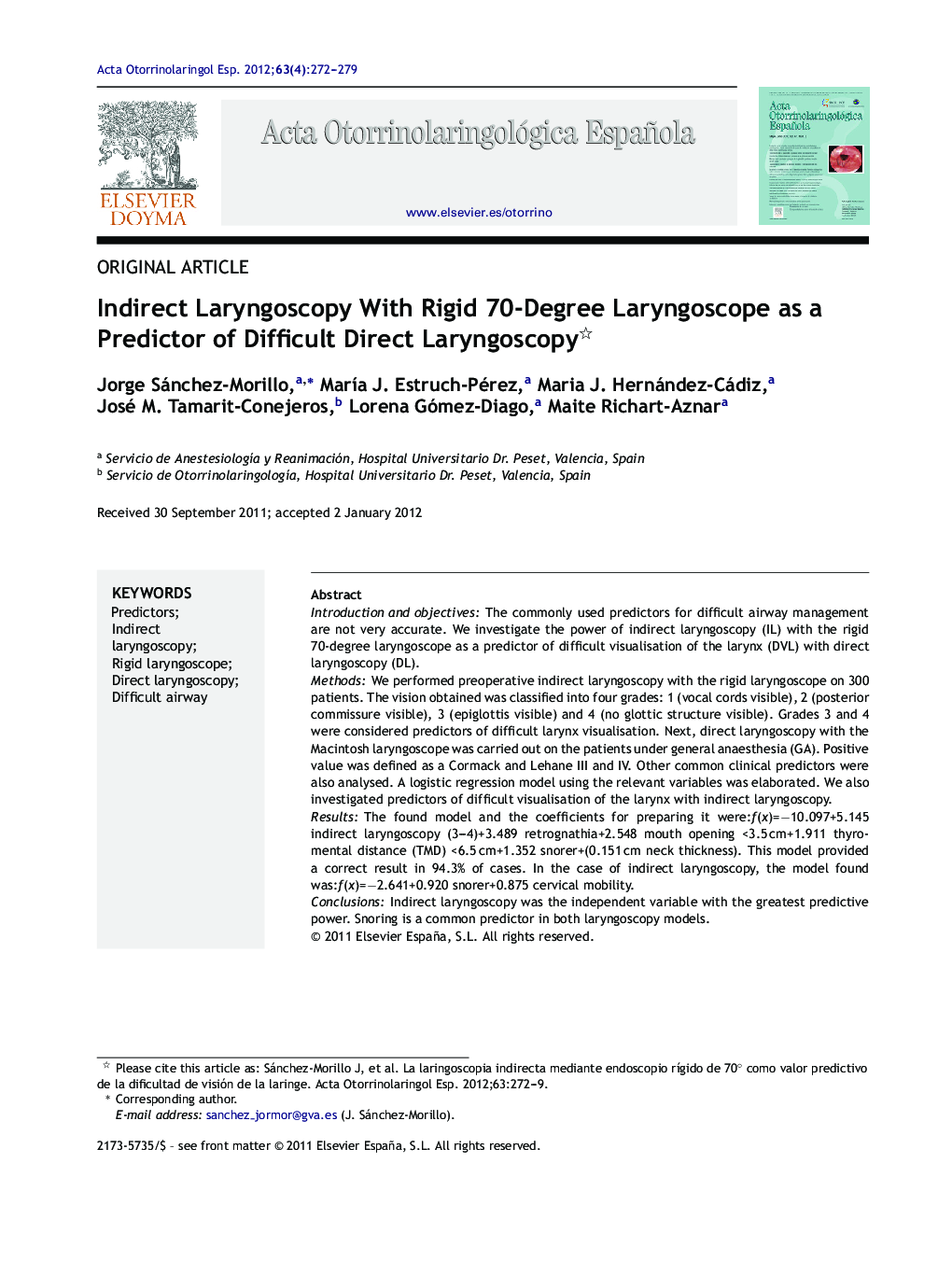 Indirect Laryngoscopy With Rigid 70-Degree Laryngoscope as a Predictor of Difficult Direct Laryngoscopy 