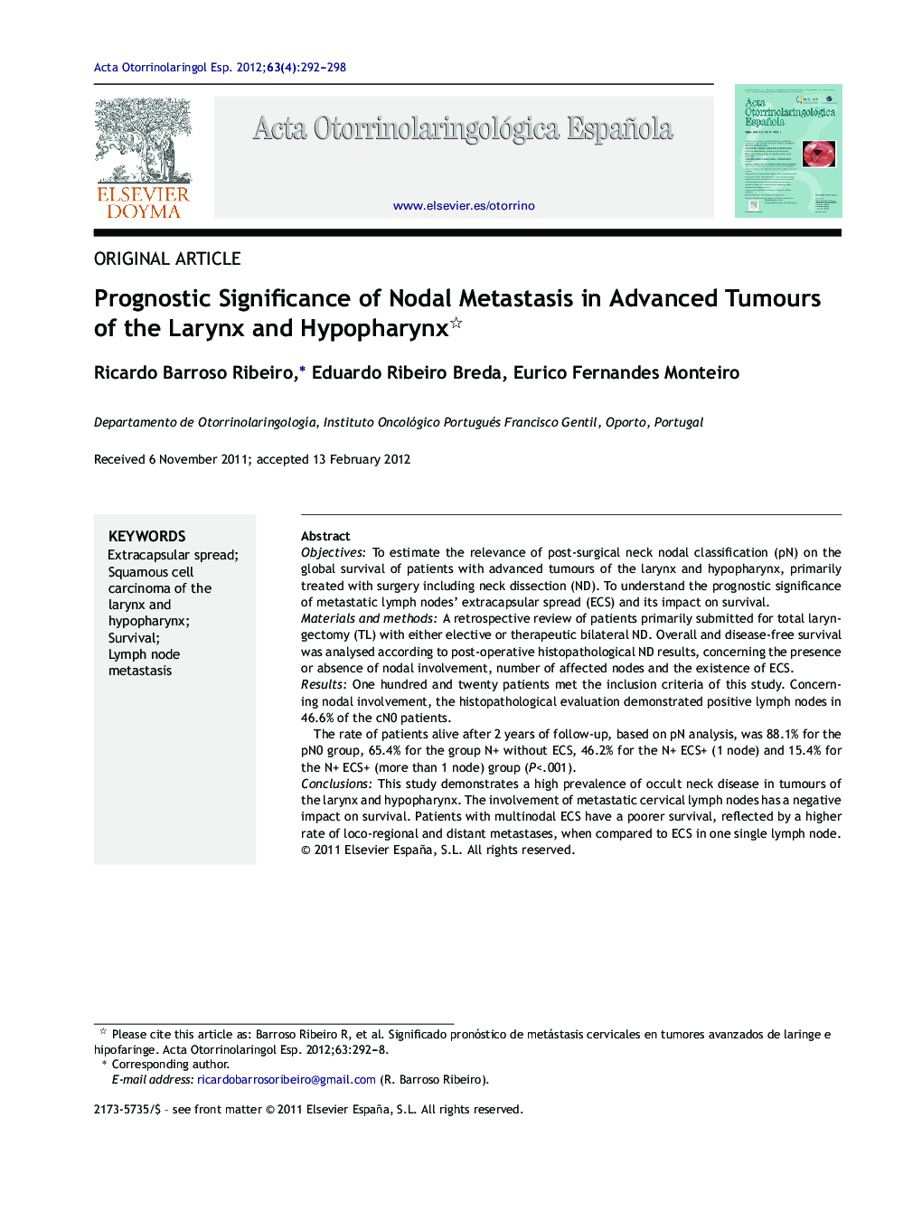 Prognostic Significance of Nodal Metastasis in Advanced Tumours of the Larynx and Hypopharynx 