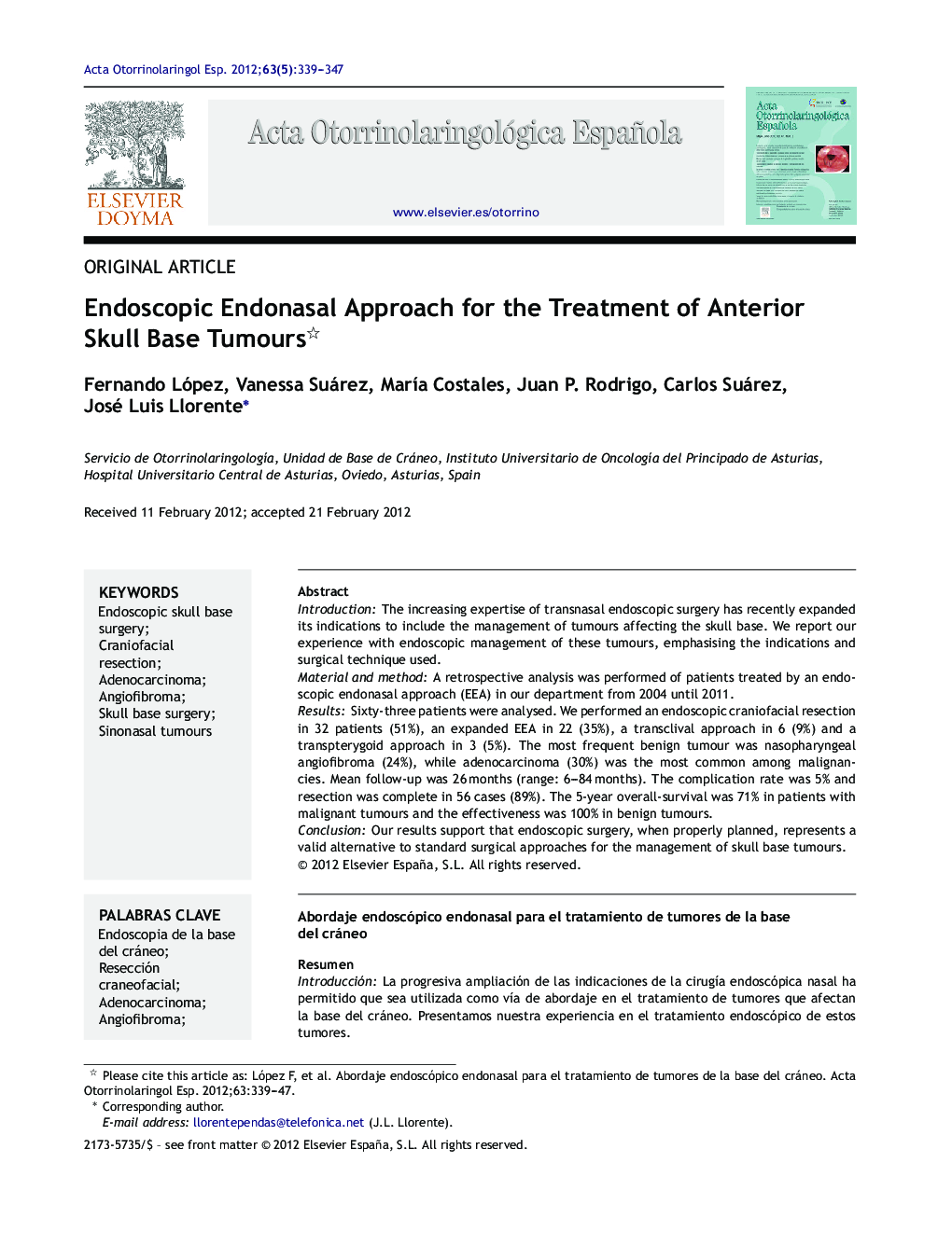 Endoscopic Endonasal Approach for the Treatment of Anterior Skull Base Tumours