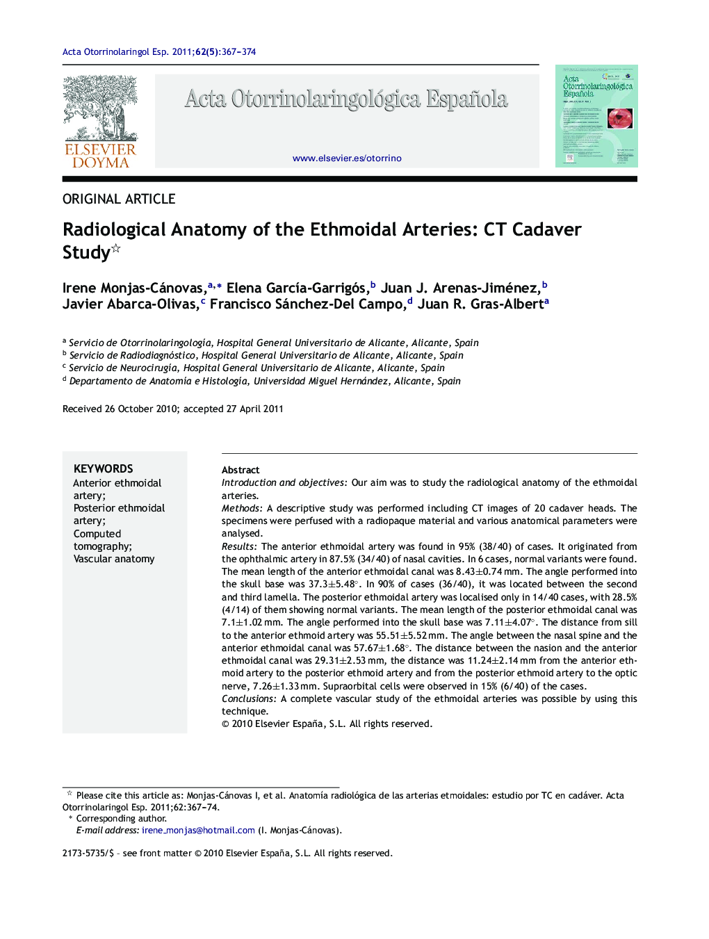 Radiological Anatomy of the Ethmoidal Arteries: CT Cadaver Study 